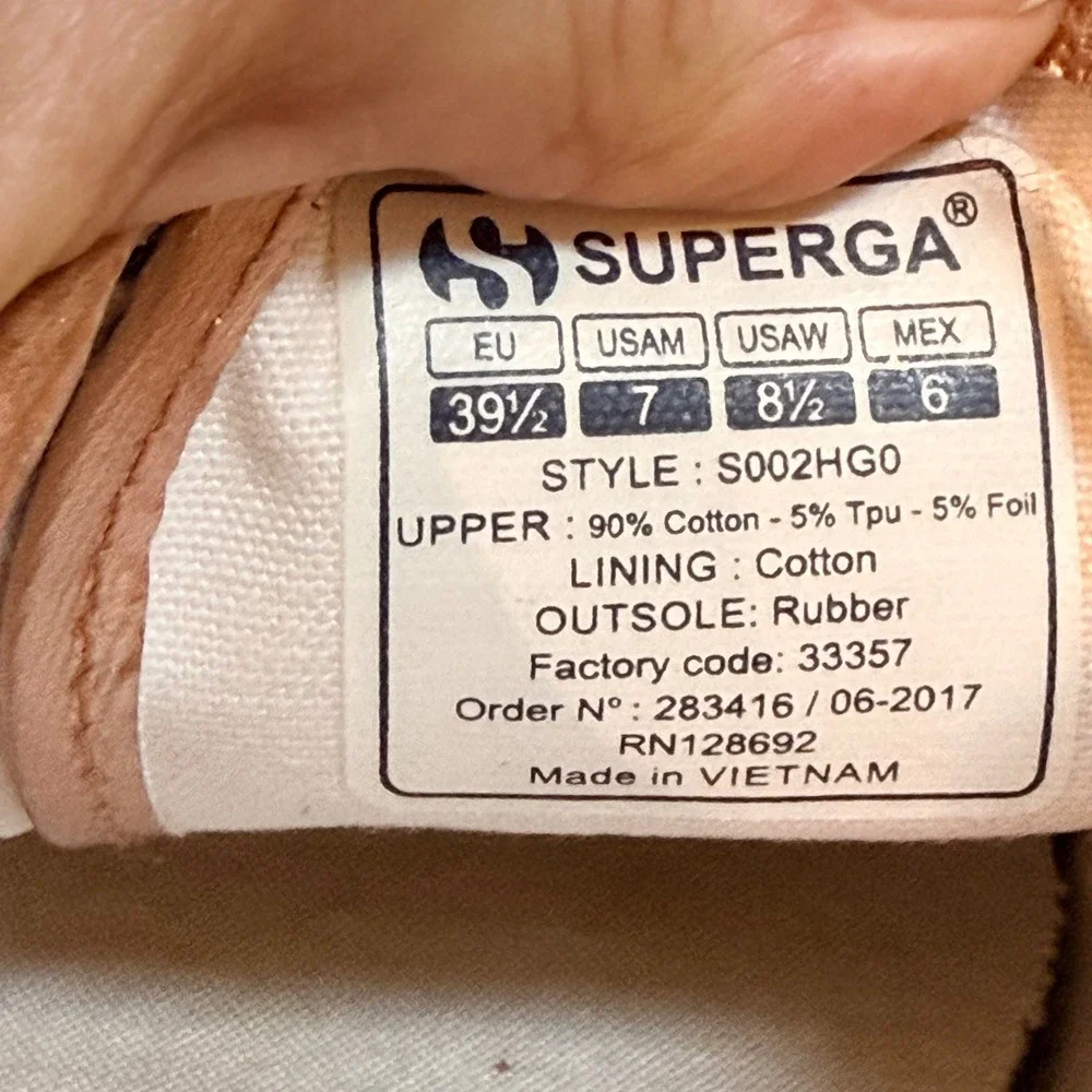 Superga 2750 Cotu Sneakers 8.5 Rose Gold Metallic Foil Canvas Low Top S002HG0